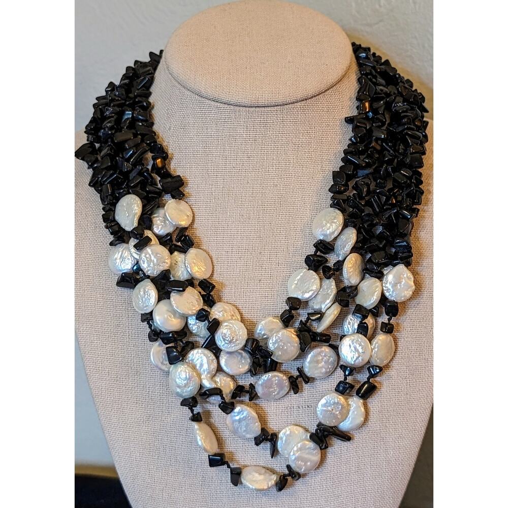 Six Strand White Coin Pearl Black Onyx Chip Sterling Slide In Clasp Necklace